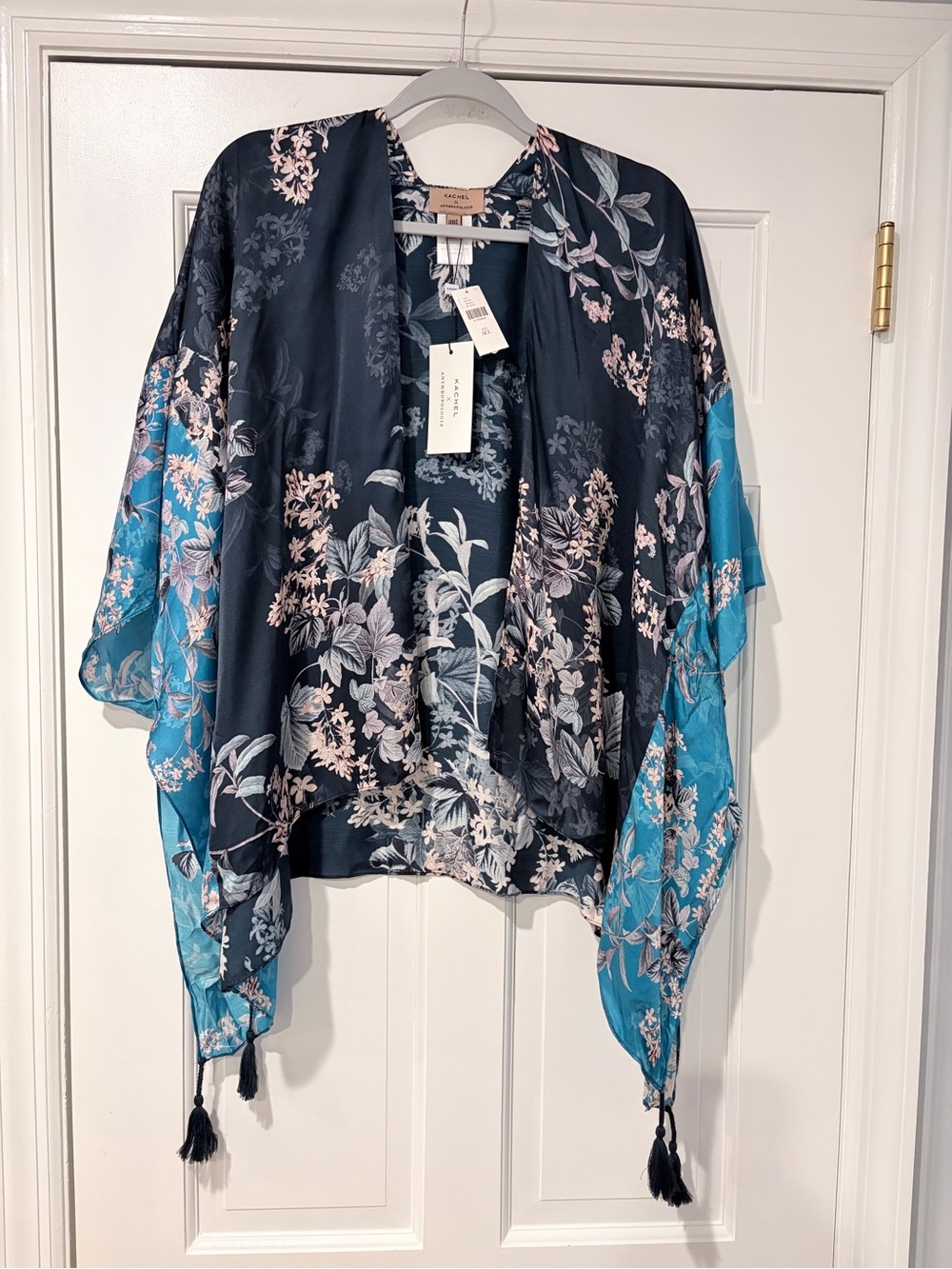 Kachel x Anthropologie Floral Kimono Top One Size Silk Blend Tassel Boho Navy
